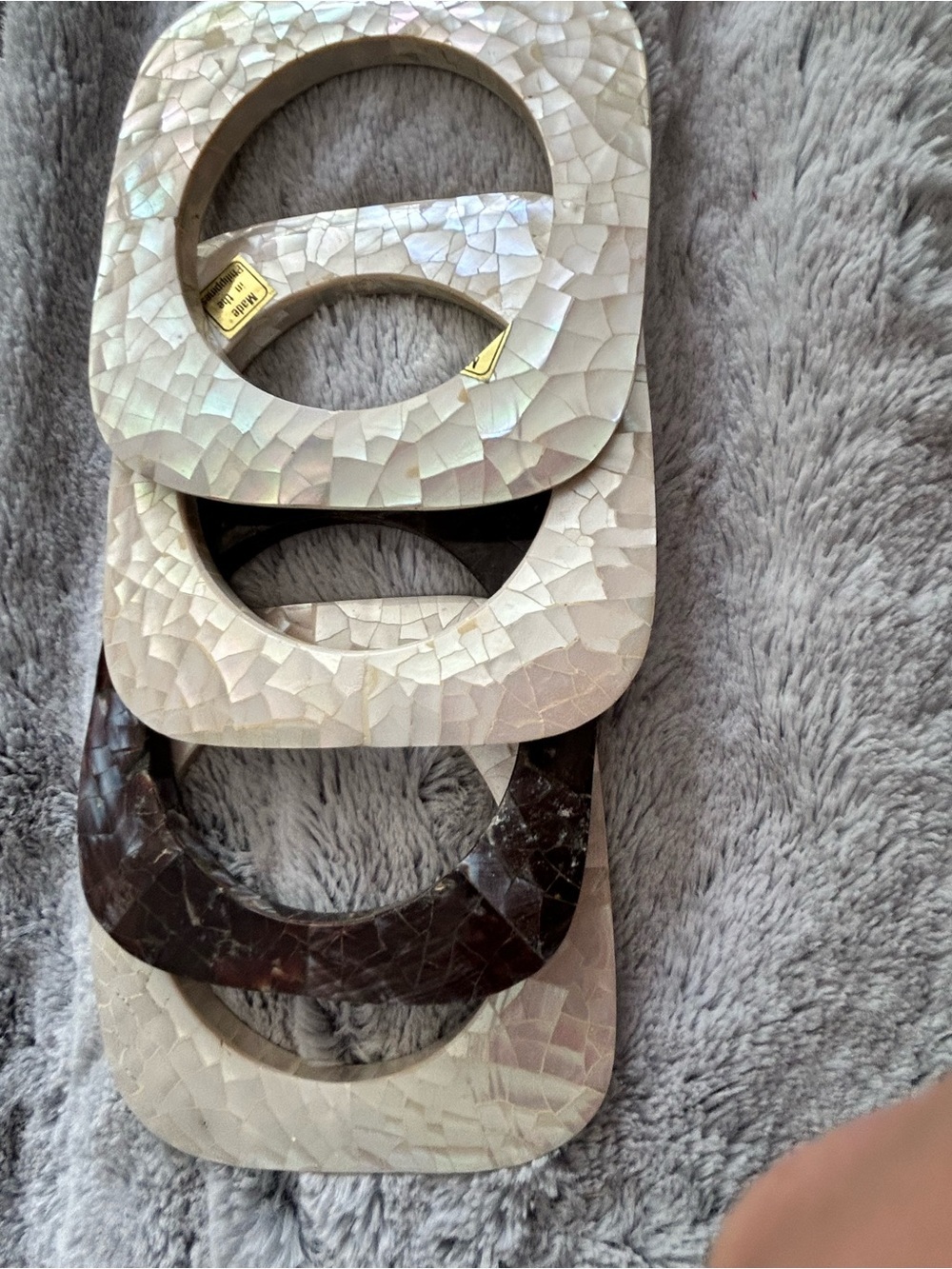 SHELL Stackable Mosaic Bangle BRACELET Set - Cream & Dark Brown